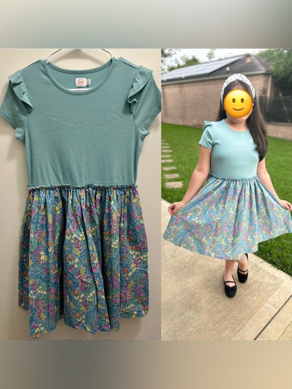 Girls Mint Green Floral Skater Dress with Ruffle Sleeve